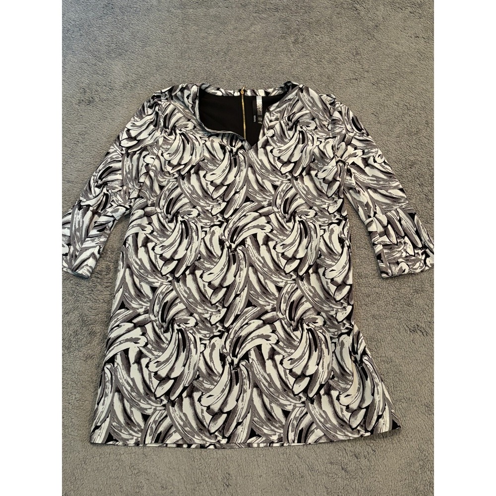 Kensie Womens XL White Black Banana Print Shift Dress Long Sleeve Tunic Pullover